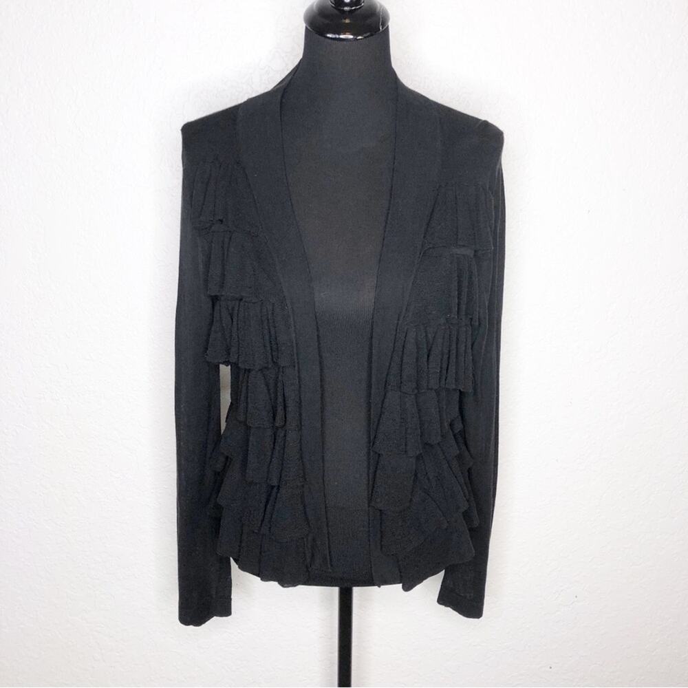 WHBM black lightweight semi sheer ruffle front open cardigan size Large